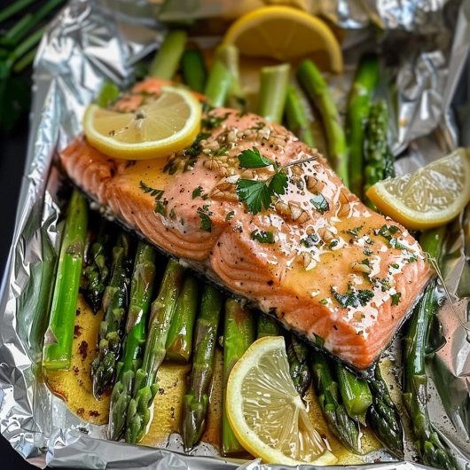 Baked Salmon in Foil with Asparagus and Garlic Lemon Butter Sauce - Recipes